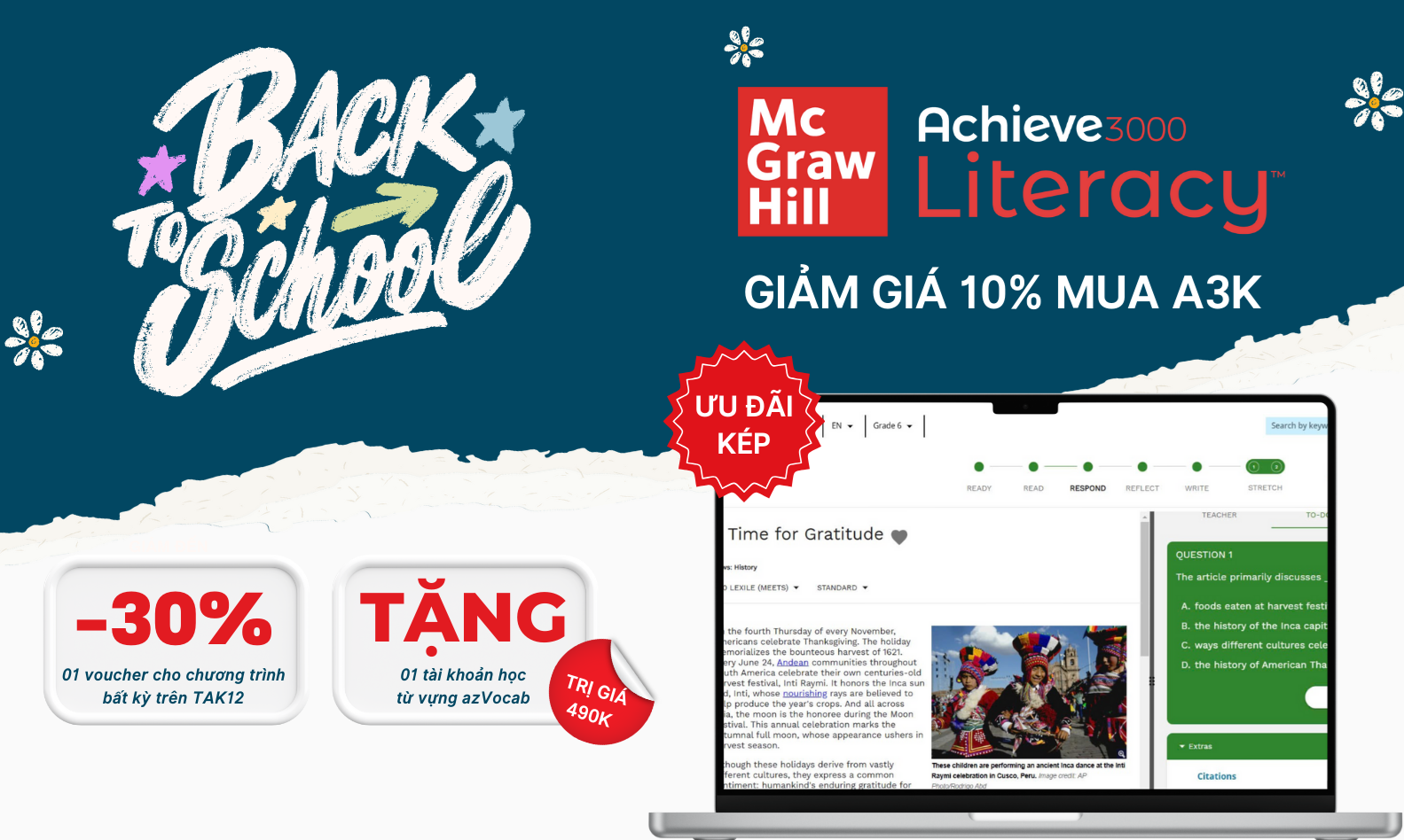 Back to School: GIẢM 10% Achieve3000 Literacy, TẶNG thêm học bổng luyện Tiếng Anh siêu hời